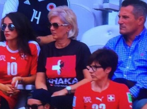 Elmaze Xhaka with her husband Ragip Xhaka and daughter-in-law Leonita Lekaj during Euro 2016